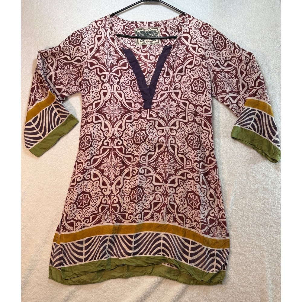 Samantha Sung S.Sung Silk Tunic Top Made in Italy Hand Printed Burgundy Large